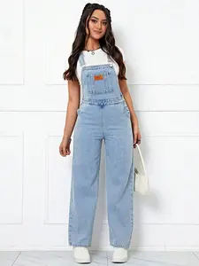 Flexra Letter Patched Pocket Front Denim Overalls Without Tee