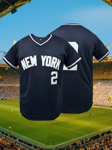 Men's #99 Navy Blue New York Letter Embroidered Baseball Jersey, Loose V-Neck Short Sleeve Retro Pullover Sports Top, Embroidery Jersey