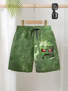 Boys' Summer Breathable Shorts, Slim-Fitting Casual Beachwear, All-Over Pixel Monster Design, Perfect for Daily Wear