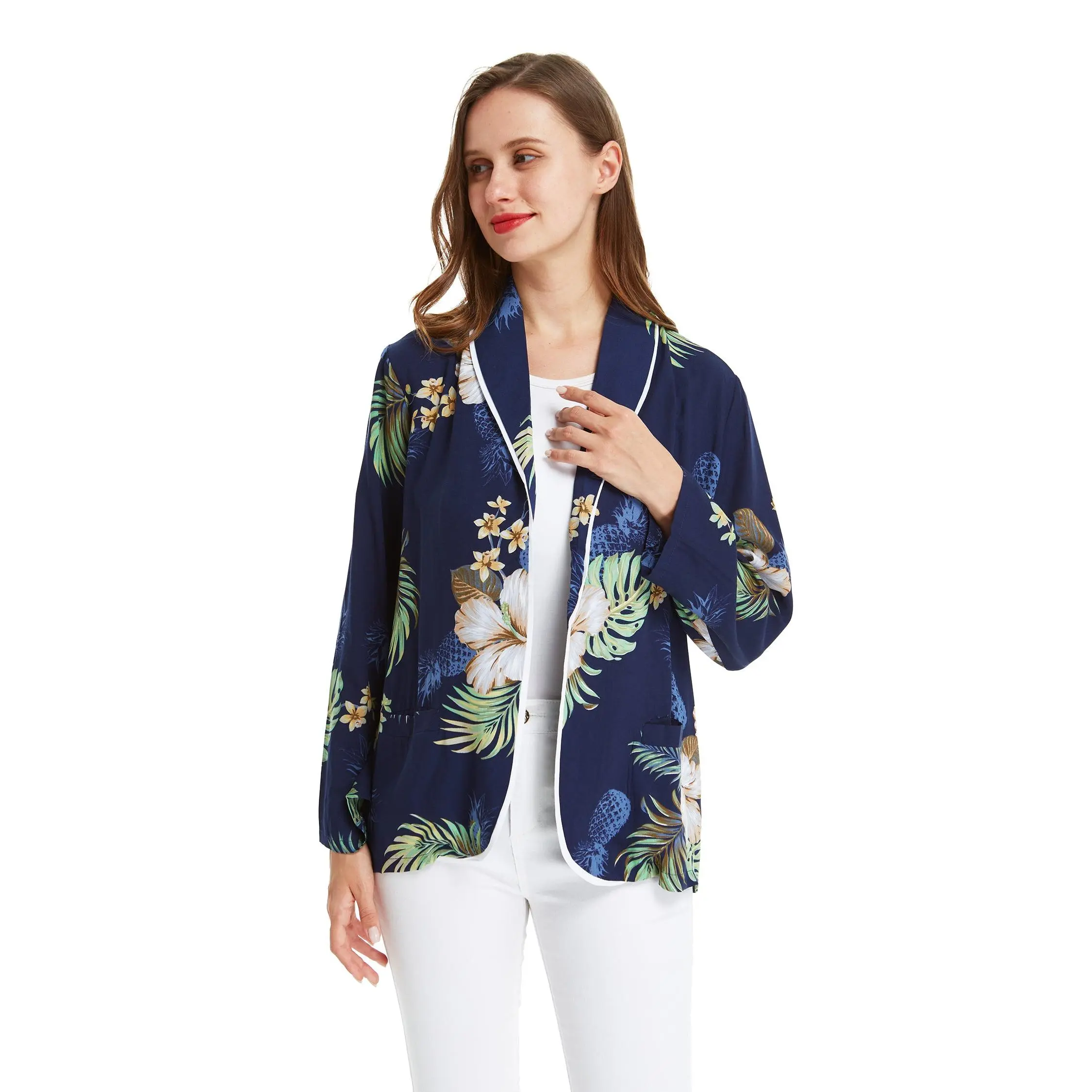 Women Rayon Casual Jacket Cardigan in Pineapple Garden Navy