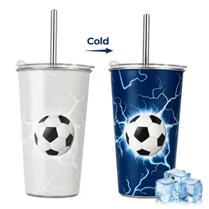 SUSTEAS Cold-Activated Color-Changing Soccer Tumbler, Leakproof Stainless Steel Insulated Drink Flask with Lid & Straw for Football Fans, Flasks