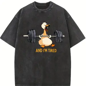 I'm Tired Duck Weightlifting Graphic Print Washed T Shirt 230gsm, Summer Round Neck Gym & Outdoor Sports Apparel, All-Season Fitness Shirt, Workout, Sporty Design, Summer Outfits, Performance Wear, Casual Athletes, Gym Shirts, Workout Clothing