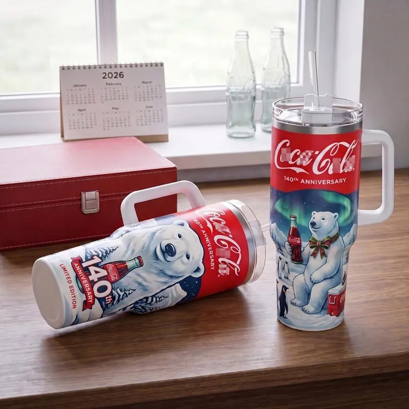 Coca-Cola 140th Anniversary Tumbler 40oz With Handle & Straw Stainless Steel, Vintage Coca Cola Polar Bear Graphic, Vintage Polar Bear Graphic Coke Collector Cup, Classic Soda Lover Gift, Gift For Coca Cola Fans, New Trend Tiktok Flasks 2026