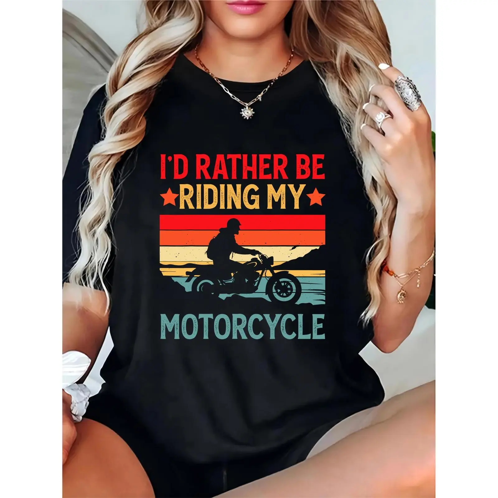 Women's "I'd Rather Be Riding My Motorcycle" Retro Biker T - Shirt, Vintage Sunset & Biker Silhouette Graphic, Casual Moto Enthusiast Tee for Daily Wear, Motorcycle Riders, Black