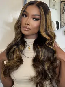 26 Inch Blonde Highlight Long Body Wave Glueless Lace Wigs for Women, 1 Piece Gorgeous Fluffy Wigs, Synthetic Wigs for Party, Daily Use