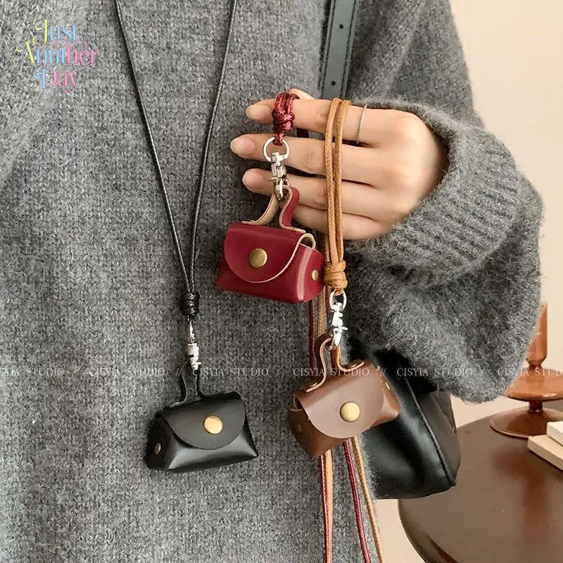 Tiny Leather Earbud Case Necklace, Vintage Style Coin Pouch Pendant, Adjustable Long Cord Sweater Chain for Daily Wear