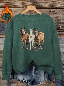 Women's Western Horse Print Sweater, Long Sleeve Round Neck Pullover, Soft Elastic Fabric, Casual Fall & Winter Top, Daily Wear