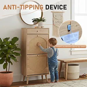 Shoe Rack Storage Organizer, Rattan-Panel 1-Drawer 2-Tilt-Out Shoe Storage Cabinet, Hidden Shoe Storage for Entryway,Ideal for Heels,Slippers,Casual Shoes,Natural Wood Finish