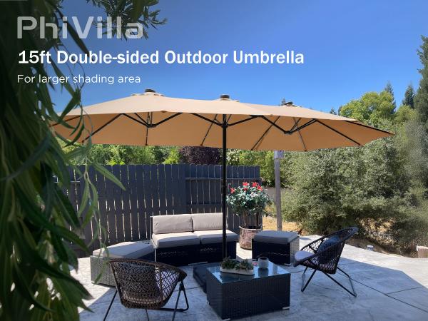 [8 Color] PHI VILLA 15 ft Double-Sided Outdoor Umbrella with Crank, Steel Pole, 100% Polyester Fabric, Durable Base Included, Iron Ribs Patio Stand Modern Design