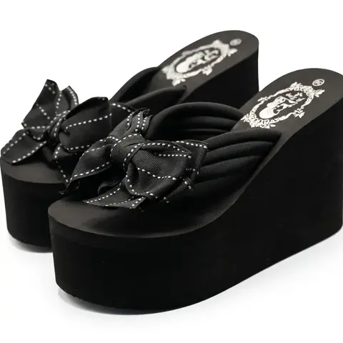 Mimilove Women's Chunky Gothic Narrow Open-Toe Ankle Wedge Sandals - Slip-Resistant Rubber Walking Shoes, Fashionable Elevated Wedge Shoes, Casual All-Seasons Bow Embellishment Footwear