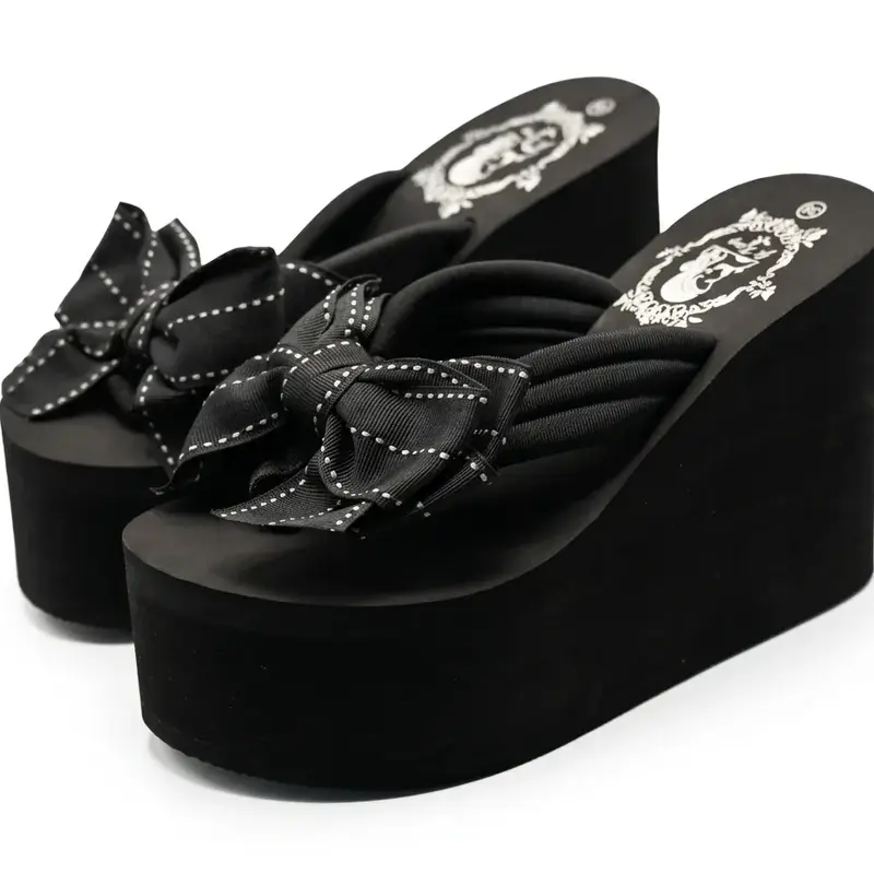 Mimilove Women's Chunky Gothic Narrow Open-Toe Ankle Wedge Sandals - Slip-Resistant Rubber Walking Shoes, Fashionable Elevated Wedge Shoes, Casual All-Seasons Bow Embellishment Footwear