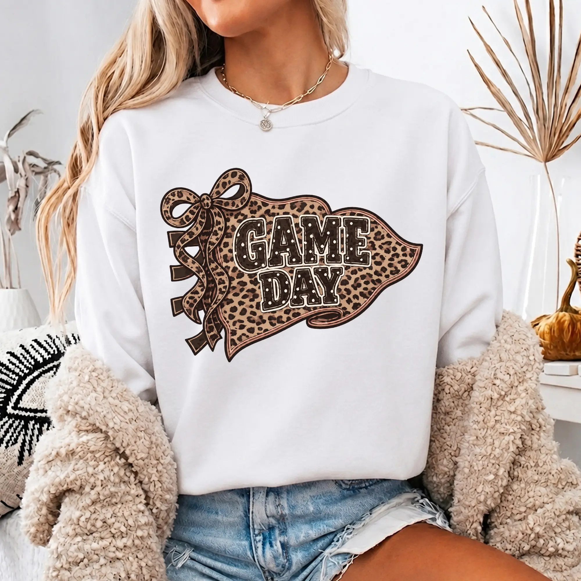 Leopard Game Day Pennant Sweatshirt, Football Game Day Crewneck, Coquette Football Sweatshirt, Fall Football Graphic Pullover, Tailgate Sweatshirt, Bow Game Day Top