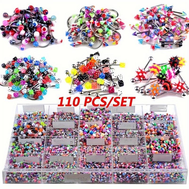 105/110pcs Punk Style Body Jewelry Set - Acrylic Bead, Stainless Steel Rod, Includes Tongue Bell, Eyebrow Rings, Navel Hoops, Lip Plugs, Nose Rings for Daily Wear & Parties