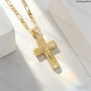 Copper Inlaid CZ Cross Pendant Necklace, Gold Plated for Catholic Prayer Wear