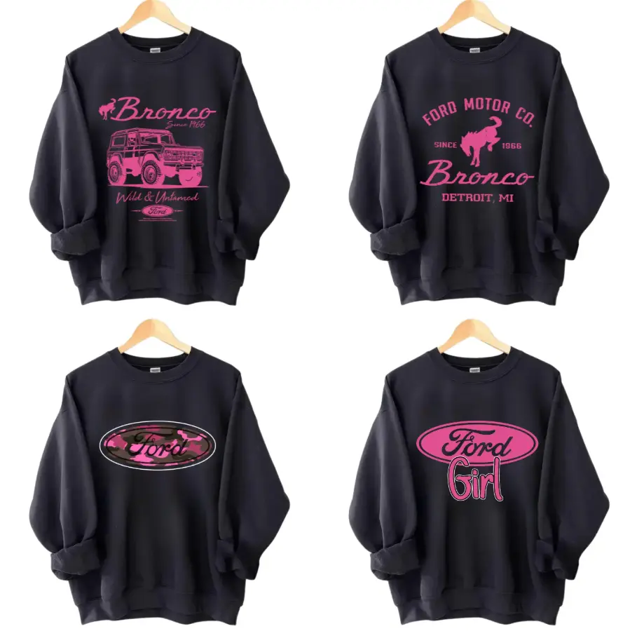 Ford Bronco Girl Pink Logo Sweatshirt, Gift For Car Lovers, For Men, Racing Shirt, Vintage Graphic Crewneck, Gift For Men For Women, Full Size, Full Color