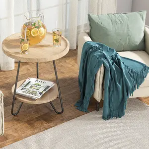 LITTLE TREE Round Side Table, 2-Tier End Table with Metal Legs, Modern Industrial Beside Table, Small Accent Table Snack Table for Living Room, Bedroom, Small Space, Easy Assembly