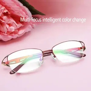 1 Pair Fashionable Photochromic Multifocal Reading Glasses, Metal Semi-Rim, Novel Design, Reinforced Hinges, Metal Patterned Aceemple, Ideal Gift Choice