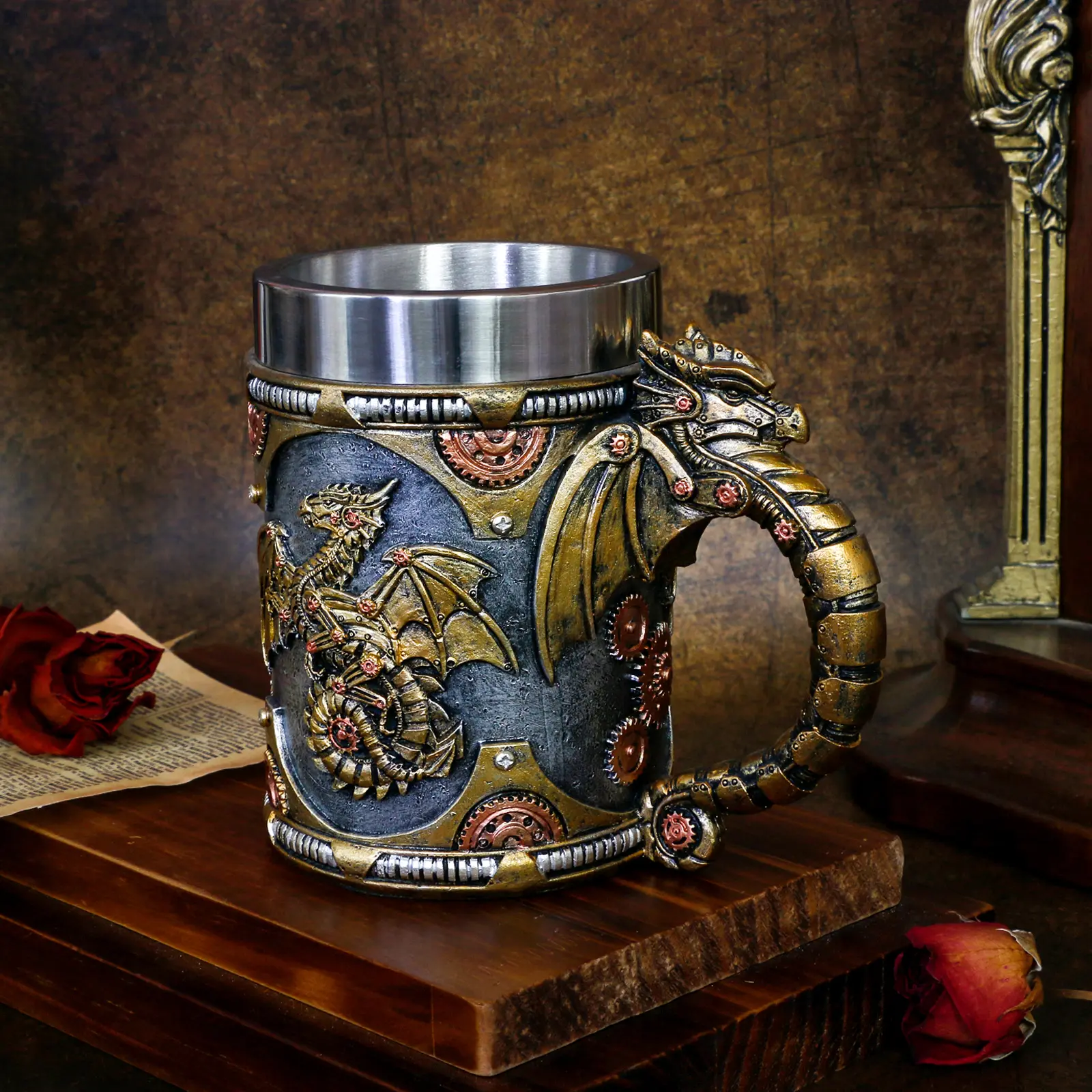 alikiki Medieval Steampunk Dragon Mug - Large Coffee Mug Mechanical Dragon D&D Gift for Men Father's Day Gifts - 21OZ Stainless Steel Party Gaming Mugs Beer Tankard