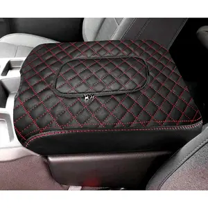 Center Console Cover for Chevy Silverado GMC Sierra Accessories 2019-2023 2024 2025 Armrest Cover Middle Console Armrest Lid Leather Protector Pad Zipper Interior Decoration (Red Stitches)