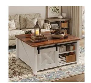 Modern Lift Top Coffee Table with Hidden Storage & Adjustable Shelves, Square Farmhouse Center Table for Living Room, White