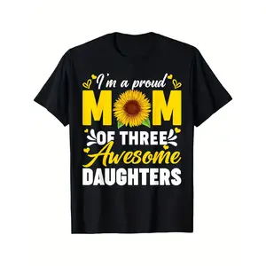 Women's & Unisex "I'm A Proud Mom Of 3 Daughters" Round Neck Short-Sleeve Cotton T-Shirt - Comfy Fitted Breathable Fabric Retro Graphic Tee, Casual Wear/Mother's Day Gift (Ideal for Pregnancy Announcements), S-XXXL