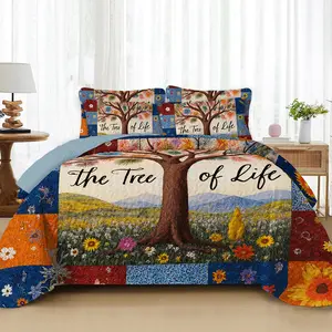 Oil Painting Tree of Life Lightweight Quilted Thin Comforter, All-Season Bedspread / Bedding Set (King / Queen size includes 2 pillowcases, Twin size includes 1 pillowcase)