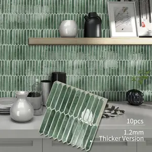 DEWOO 10-Piece Pack of Picket-Style Self-Adhesive Wall Decals — Waterproof Backsplash Decor; Vintage Dark Green Tile Stickers; Durable, Removable, Cuttable, & Easy to DIY，decor my apartment tiktokshopspringglowup