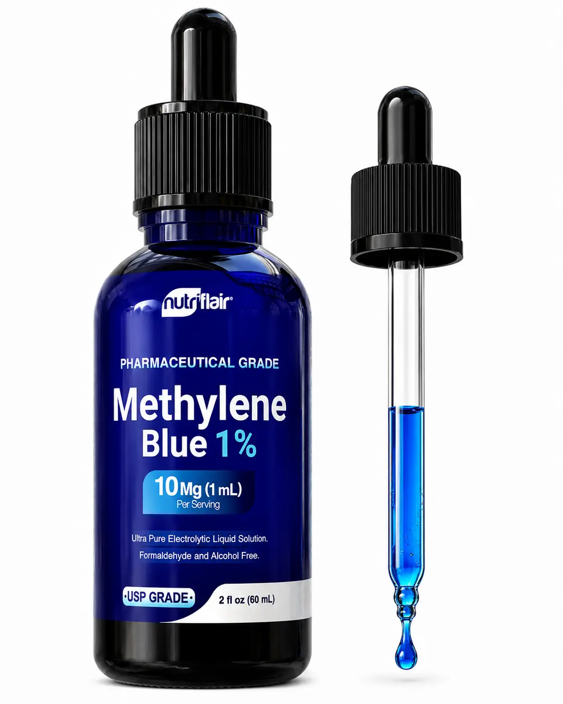 Nutriflair 1% Methylene Blue Healthcare Solution - USP Grade, 99% Pure Pharmaceutical Grade - Lab-Tested Ultra-Pure Electrolytic Liquid - 2 fl oz Glass Dropper Bottle - Formaldehyde-Free, Non-GMO