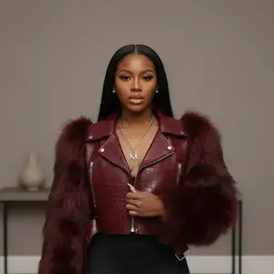 Women's Patchwork Faux Fur Jacket, Crocodile Texture Zipper Design, Casual Biker Style, All Seasons Wear, Stylish & Luxurious Look