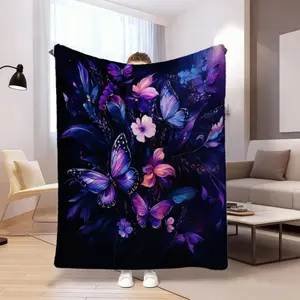 Luxury Flannel Blanket UltraSoft AllSeason Throw With Elegant Purple Blue Floral Pattern, Luxury Bedspread Or Couch Cover For Home, Gifts For Mother'S Day Valentine'S Elegant Ho