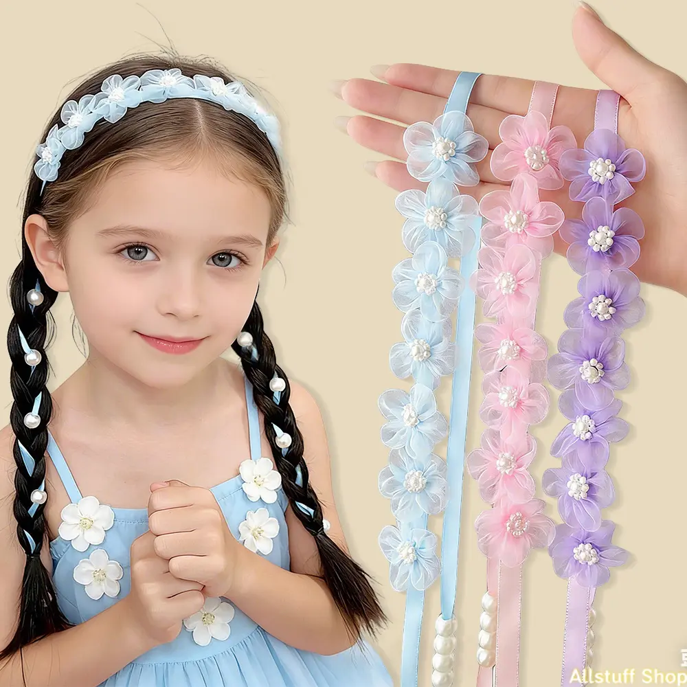 1pc Spring New Organza Flower Long Ribbon Braided Knot Hairband Headpiece - Colorful Flower, Fairy Style, Floral Bow, Twin-Bun Girls' Hair Accessory for Daily Wear, Holiday Parties, Colorful Flower Headpieces, Fairy Style Headpieces