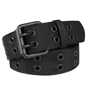 Men's Canvas & Leather Belt — Military-Grade Tactical Nylon Webbing Belt. High-Quality, Military-Spec Waistband featuring Double-Hole Canvas Webbing, Rivet Accents, and Double-Row Eyelets. Biker, Punk, and Gothic Styles