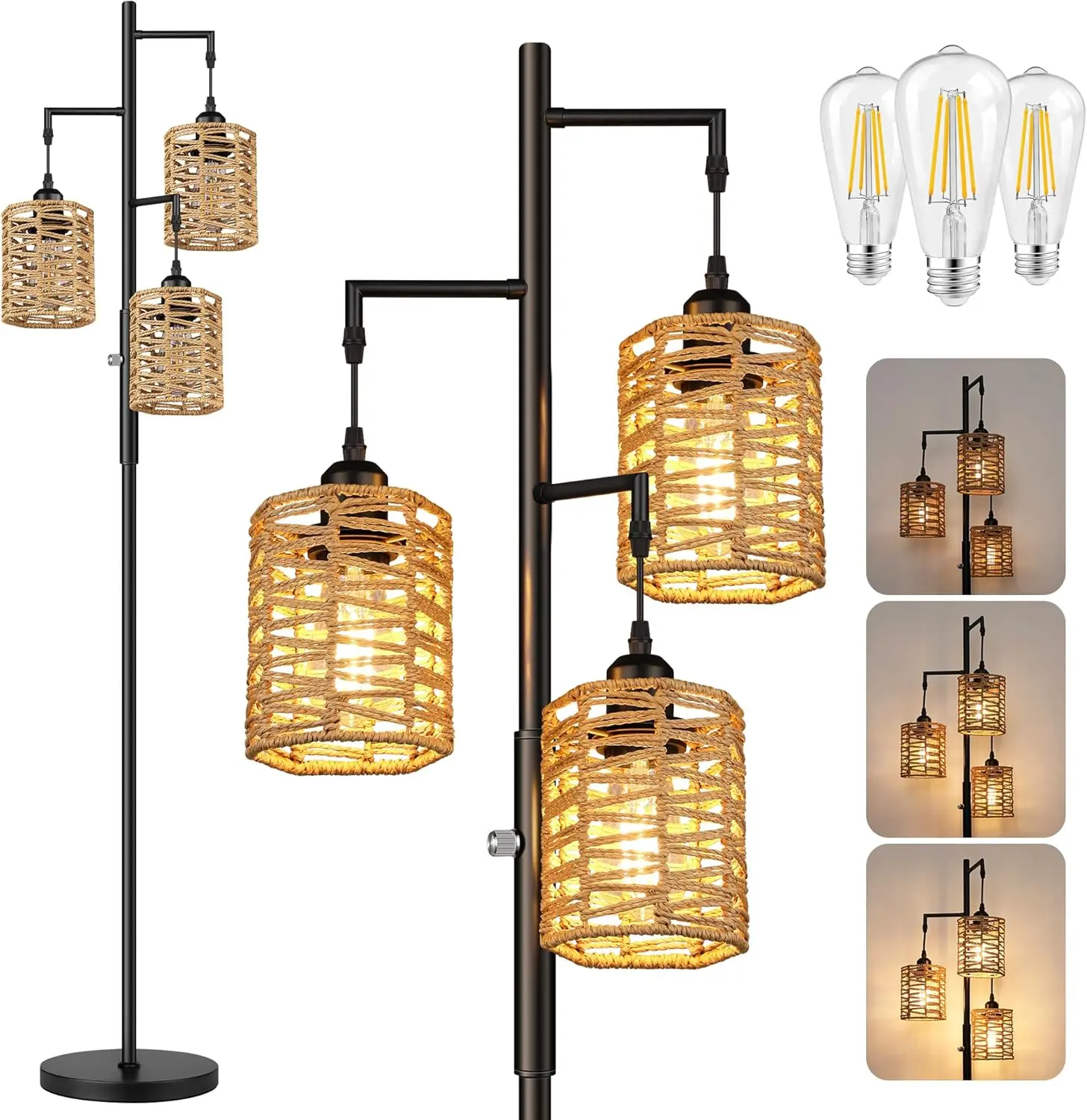 Dimmable Rattan Floor Lamp, 3 x 800LM LED Bulbs Included, Boho Tree Standing Lamps with 3 Hand-Woven Octagonal Lantern Shades, Industrial Floor Lamp for Living Room, Bedroom, Office - Black