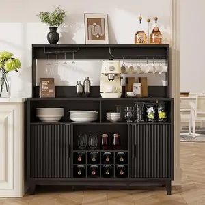 Vabches Fluted Coffee Bar Cabinet with Charging Station, 47.2" W Liquor Cabinet with Removable Wine Rack, Glass Holder, Modern Home Bar Furniture for Kitchen, Dining, Living Room, Entryway