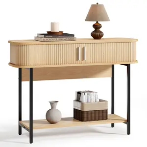 Mid-Century Modern Entryway Table, Slim Fluted Console with Storage & Sliding Doors, Round Corner Wooden Sofa Table for Living Room & Hallway