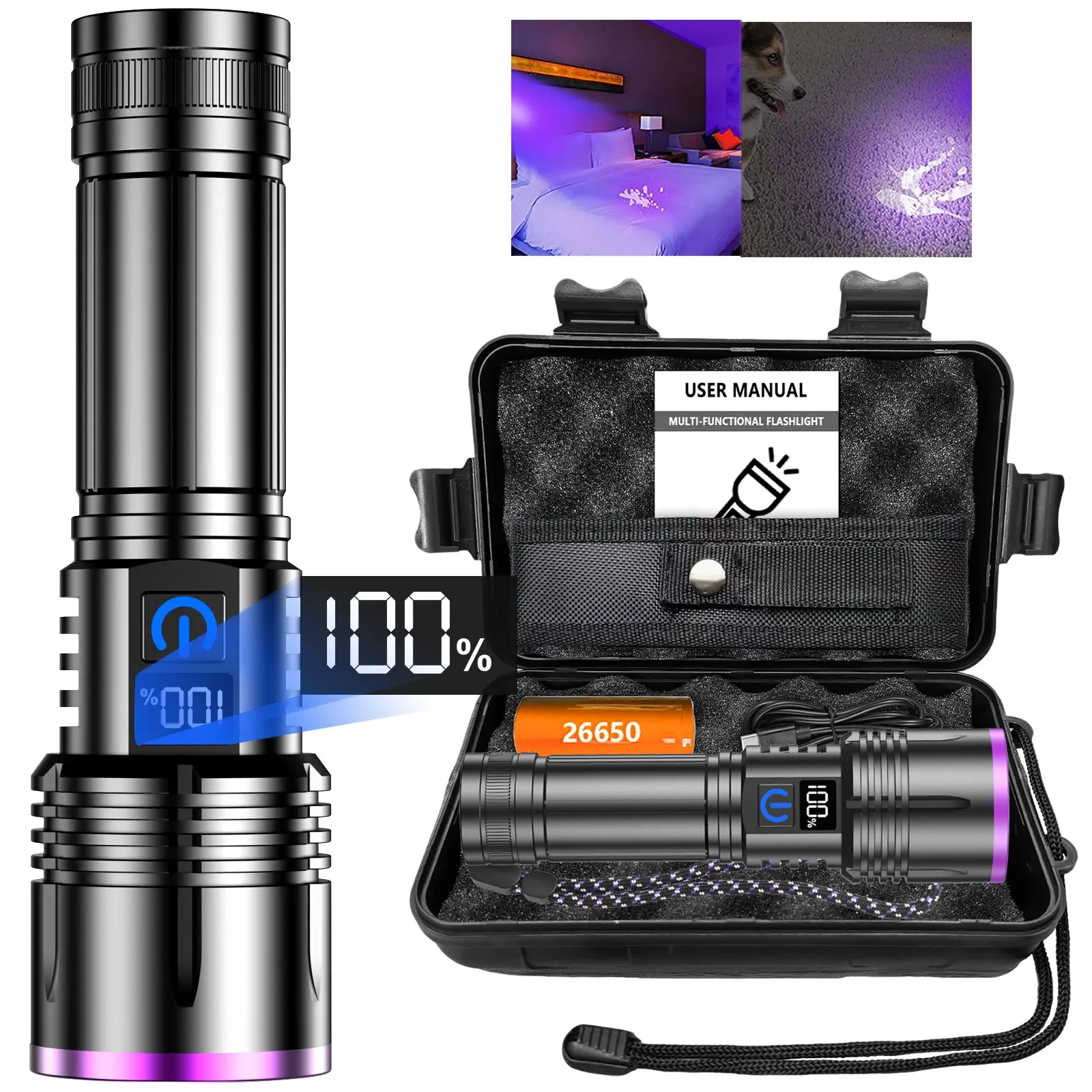365NM UV Flashlight, Upgraded Digital Display Rechargeable Ultraviolet Black Light with Stepless Dimming & Power Indicator, Lithium Battery for Cat Ringworm, Jewelry, Vegetable, Chemical Agent, Wood Anti-Counterfeiting Detection