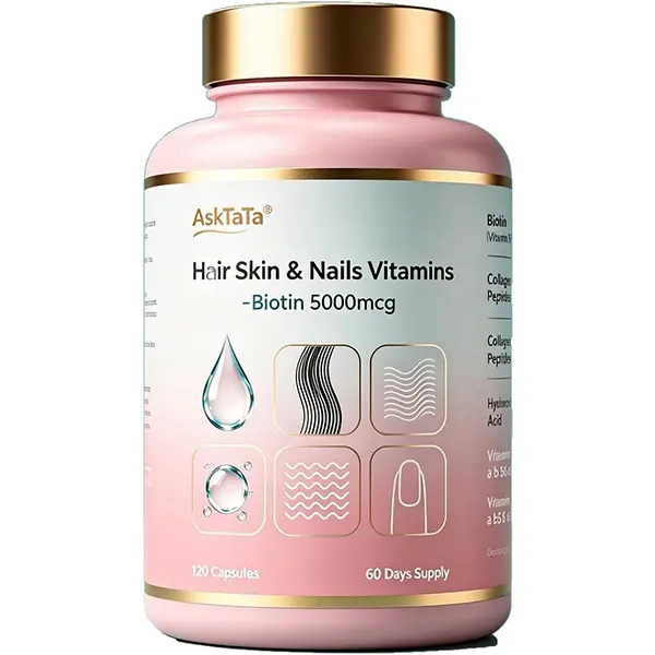 Hair Skin & Nails Vitamins Supplement for Women,with Biotin,Collagen Peptides,Hyaluronic Acid,Vitamin A, C, E, B5,B6,Support Skin Moisture and Suppleness,Hair and Nails Health,120 Capsules