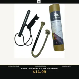 Primal Crow Ferro Rod Fire Starter Kit with Jute Fire Wick - Waterproof Ferrocerium Rod Survival Fire Starter
