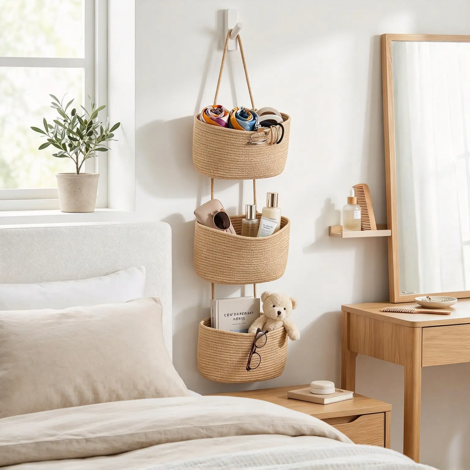 2026 New Over the Door Hanging Storage Basket Woven 3 Tier Wall Organizer Jute- Unisex Wall-Hung Household Items Organiser, Multi Purpose Storage for Nursery Diapers & Toys, Apartment Accessories Home Goods Storage Organization by Sohochic