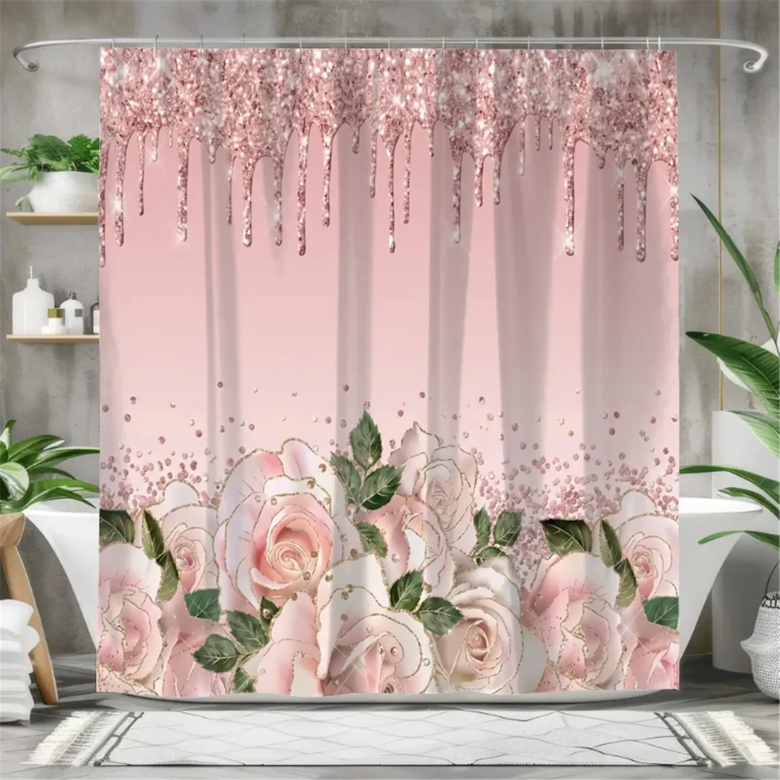 Pink glitter rose shower curtain set, waterproof shower curtain with 12 hooks, non-slip bathroom carpet, toilet U-shaped cushion, toilet seat cover cushion, bathroom decoration, bathroom shower curtain set, perfect mobile gift