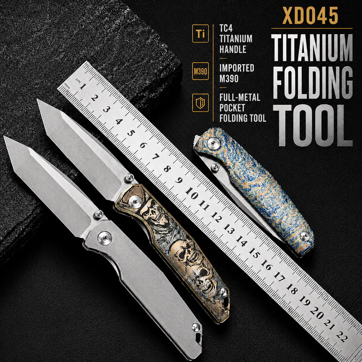 Mulight Engraved Titanium Foldable Pocket Knife with M390 Blade, Frame Lock, Bearing Pivot - Everyday Carry Outdoor Tool for Camping, Hiking, Lightning, Engraving, Multifunctional Tool, Collectibles