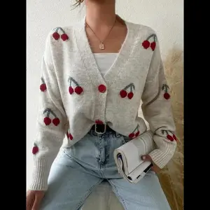 NewWomen's Cherry Pattern Button Front Knitting Longsleeves Cardigans, Casual Elegant Long Sleeve Sweater Cardigan for Fall & Winter, Women's Knit Clothing for Daily Wear, Cardigan for Women, Women's Cardigan, Womenswear, Knitwear,Clothe Tops Gamis