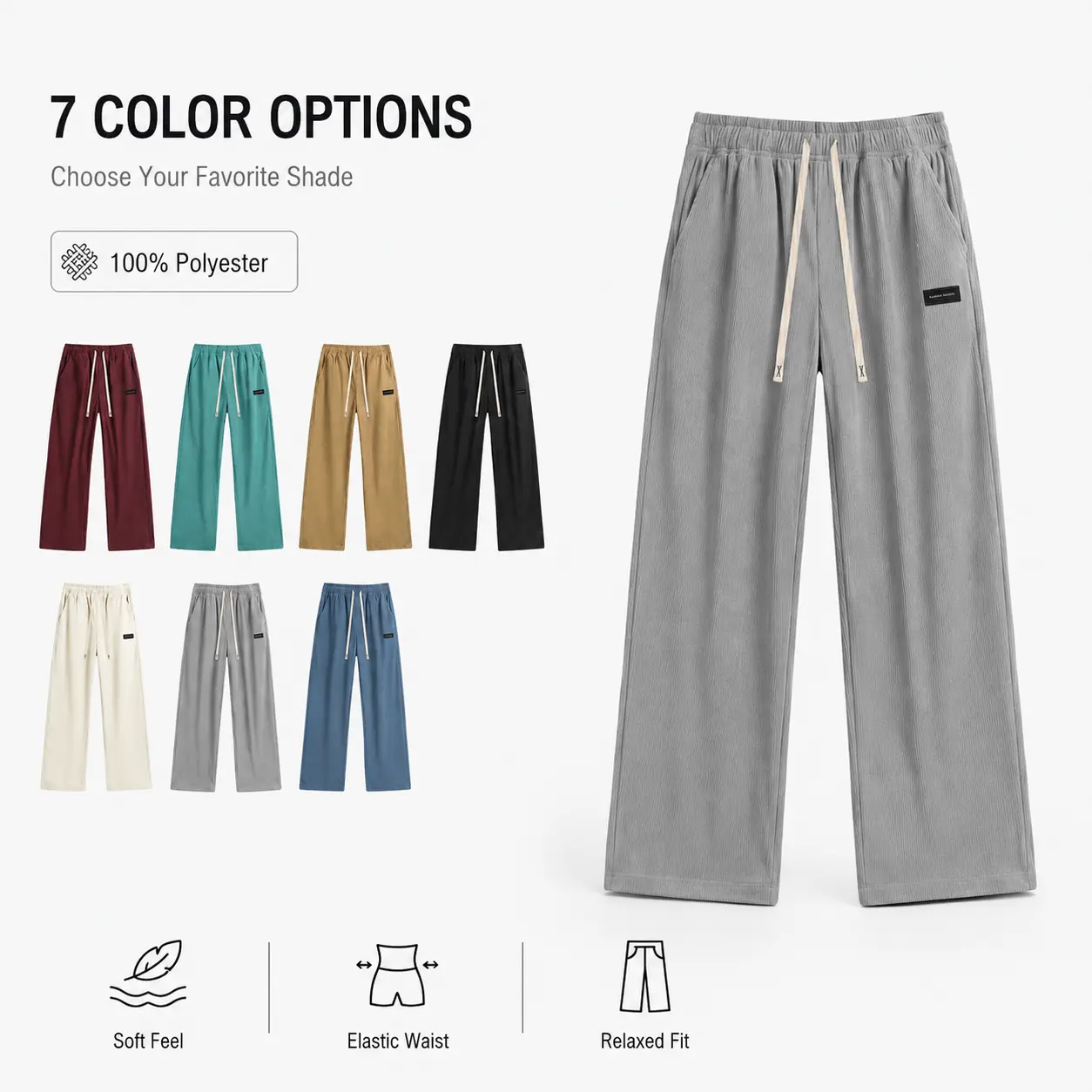 Unisex Ribbed Wide Leg Pants, Baggy Straight Leg Trousers with Elastic Drawstring Waist and Pockets, Soft Comfy Casual Lounge Pants for Streetwear, Travel, Daily Wear, Y2K Oversized Trendy Outfit Womenswear Bottom