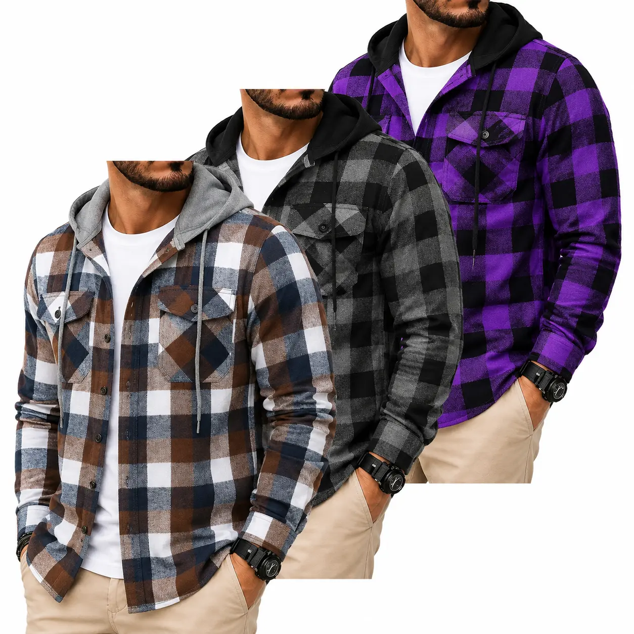 ZITY Men's Oversized Long-Sleeve Checked Plaid Hoodie - Button-Front Flannel Pullover, Wetsuit-Soft Breathable Mens Clothing, Tight Pockets, No-Bulk Layering, Spring Gifts, Streetwear Classic for Outfit Inspiration Casual Ootd, Longsleeves