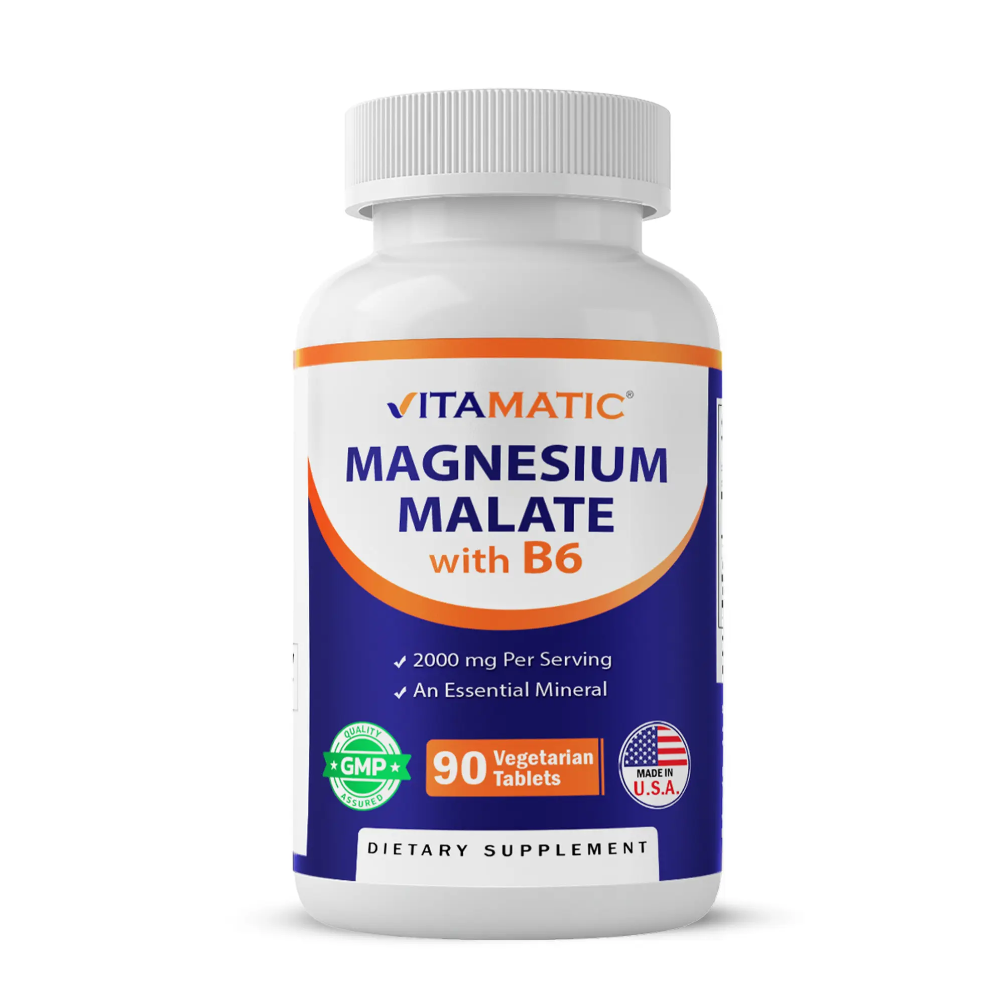 Vitamatic Magnesium Malate Vitamin Dietary Tablets - 2000mg per Serving, 90 Vegetarian Tablets, Added B6 for Max Absorption, GMP-Certified, Non-GMO, Sugar Free, Gluten Free, Supports Fitness, Self Care Products (1 Unscented Bottle)