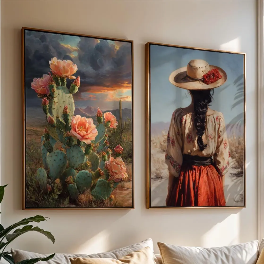 [UNFRAMED] Mexican Folk Art, Rustic Mexico Art Poster, Traditional Mexican Woman Art, Mexican Cactus Artwork, Hispanic Wall Art Decor