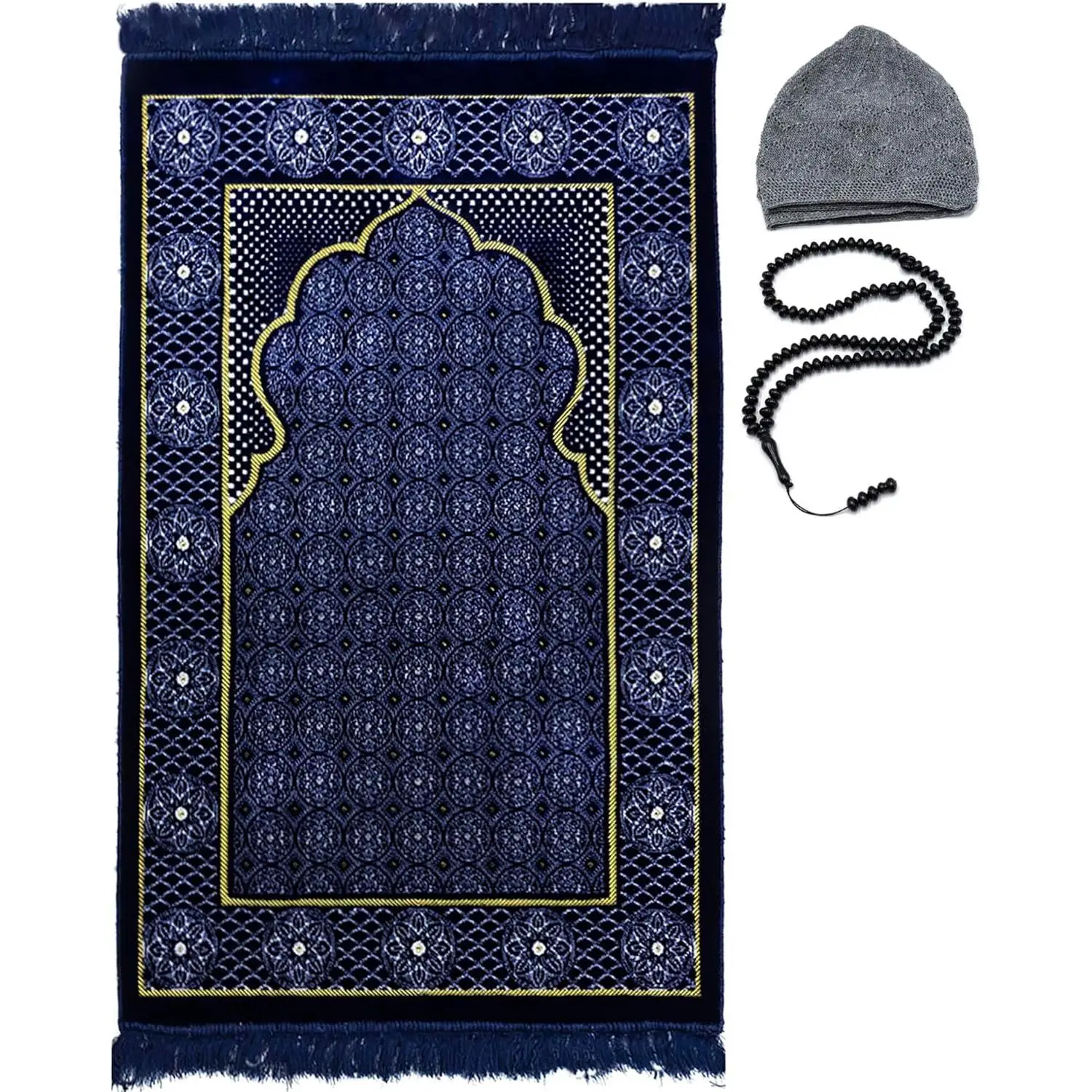 Turkish Islamic Prayer Rug – Muslim Janamaz Sajada – Plush Velvet Praying Mat Carpet for Men & Women – Ramadan & Eid Gift – Includes Kufi Cap & Beads