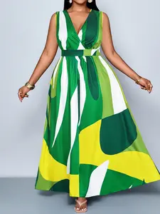 Plus Size Summer Casual Wear Sexy Vacation Women's Printed Dress, Deep V Neck Sleeveless High Waist Long Dress, Elegant Fashion for Spring Summer