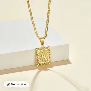 18K Golden Plated Alphabet Square Initial Pendant Necklace with gift box for Unisex, A to Z Figaro Chain Necklace, Stylish and Versatile Jewelry, Daily Wear Gift Party Clothing Decor, Anniversary, Birthday, Mother's Day Gift Women