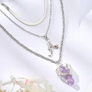 Three Layered Amethyst Dragon and Initial Heart Necklace Set, Delicate Pendant With Heart Charm, Embrace Healing with Layered Crystal Jewelry